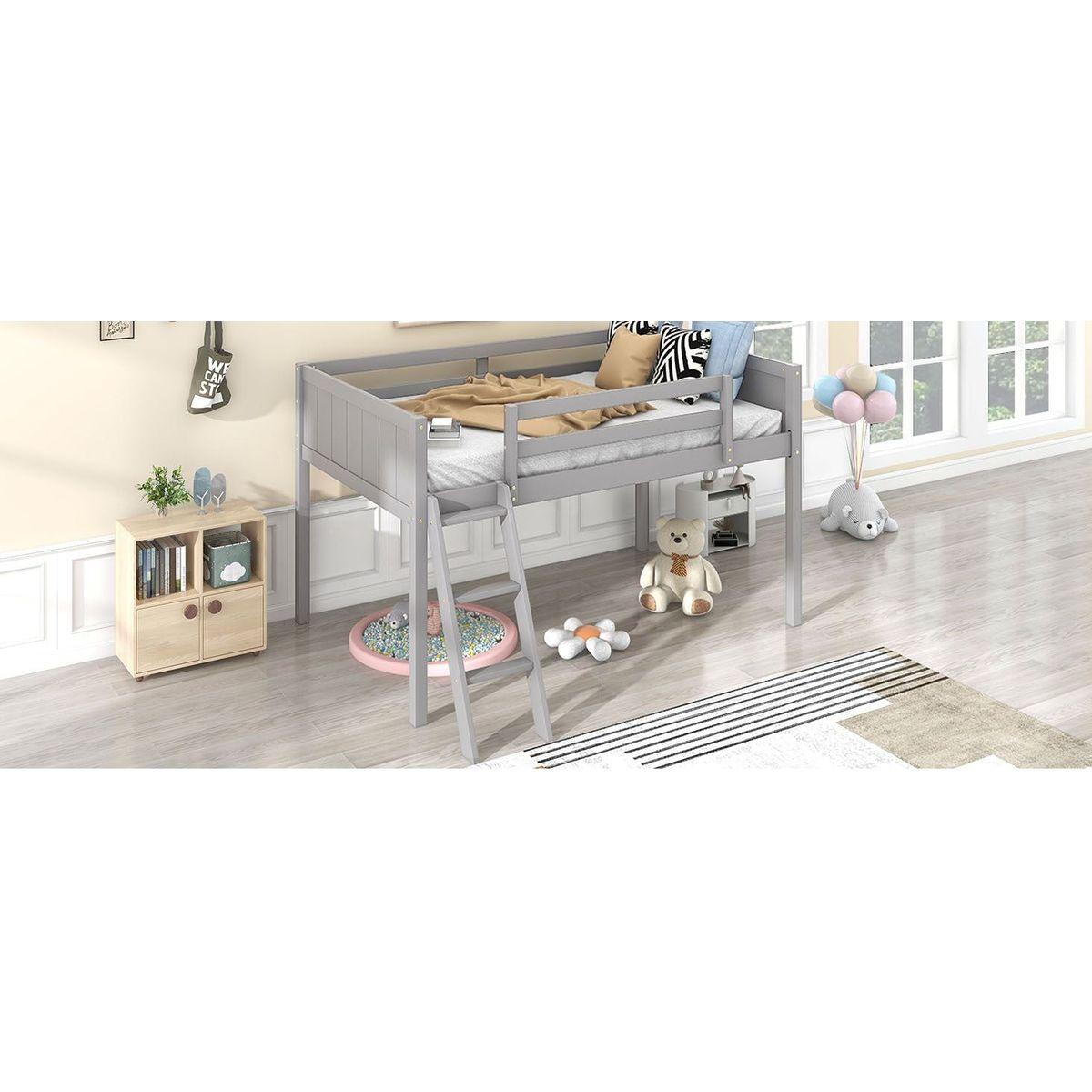 Twin Size Wood Low Loft Bed with Ladder, ladder can be placed on the left or right, Gray