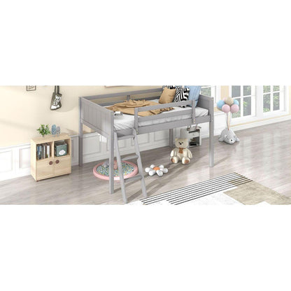 Twin Size Wood Low Loft Bed with Ladder, ladder can be placed on the left or right, Gray