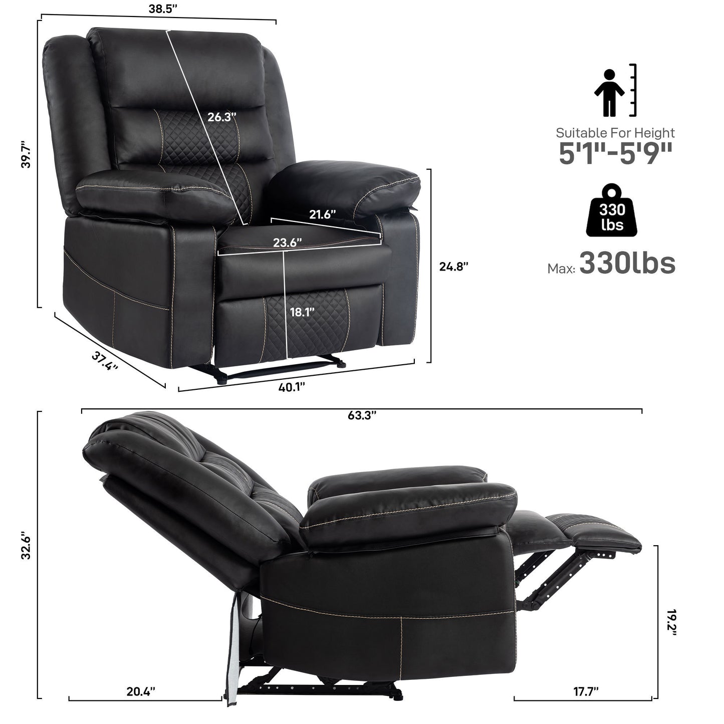 Breathable Leather Massage Recliner Chair, Manual Living Room Reclining Sofa