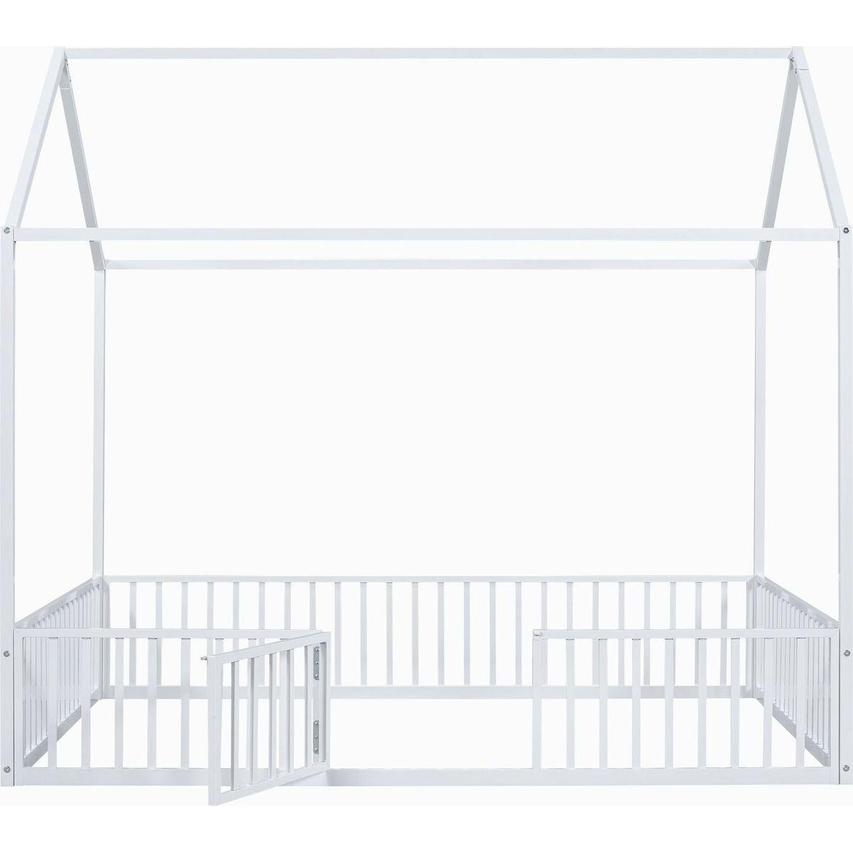 Full Size Metal House Bed with Fence and Door, White