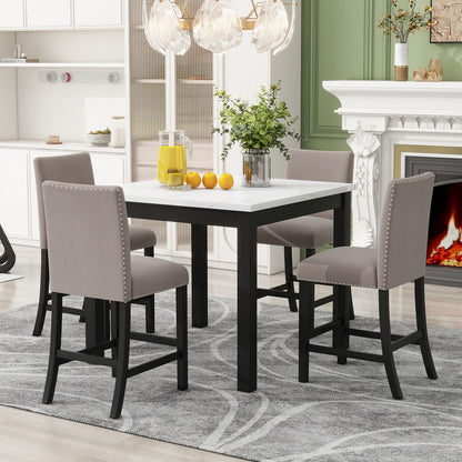 5-piece Counter Height Dining Table Set with One Faux Marble Top Dining Table and Four Velvet-Upholstered Chairs,Brown