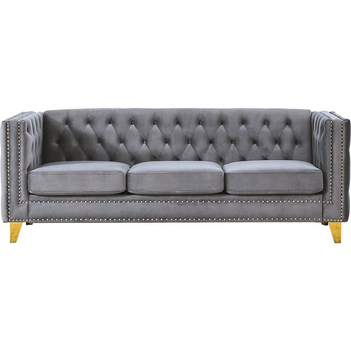 Velvet Sofa for Living Room,Buttons Tufted Square Arm Couch, Modern Couch Upholstered Button and Metal Legs, Sofa Couch for Bedroom, Grey Velvet .2PCS