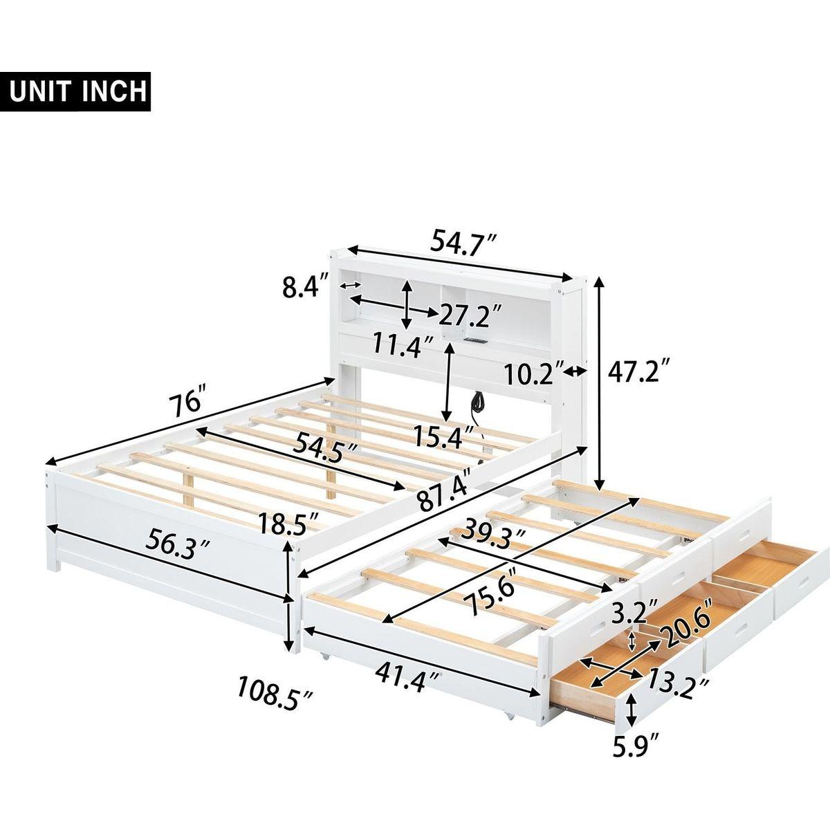 Full Size platform bed with trundle, drawers and USB plugs, White