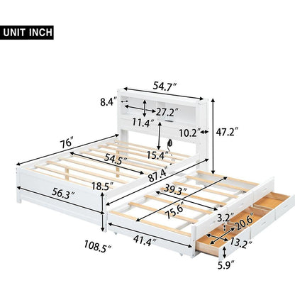 Full Size platform bed with trundle, drawers and USB plugs, White