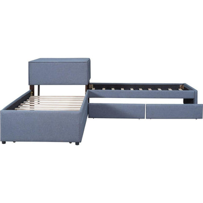 L-shaped Upholstered Platform Bed with Trundle and Two Drawers Linked with built-in Desk,Twin,Gray