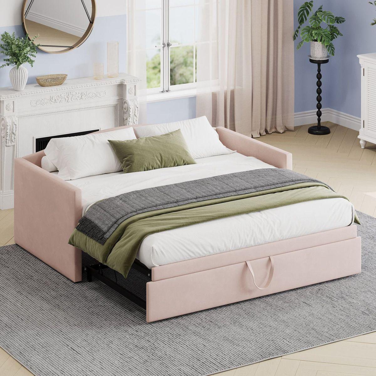 Twin Size Daybed with Extended Pop Up Trundle, Upholstered Sofa Bed Daybed, Space-Saving Twin to King Design, Perfect for Guest Room, Velvet, Pink