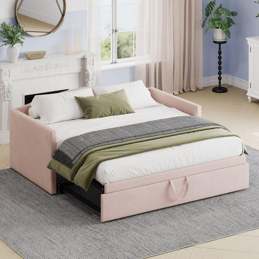 Twin Size Daybed with Extended Pop Up Trundle, Upholstered Sofa Bed Daybed, Space-Saving Twin to King Design, Perfect for Guest Room, Velvet, Pink