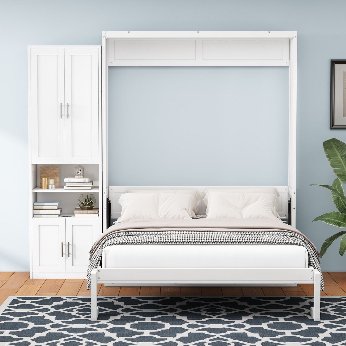 Full Size Murphy Bed with 1 Side Cabinet Storage Shelf, 61.5-inch Cabinet Bed Folding Wall Bed with Desk Combo Perfect for Guest Room,Study, Office,White(old sku:BS7012008109C)