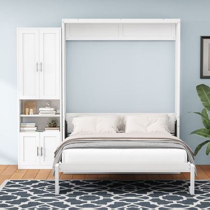 Full Size Murphy Bed with 1 Side Cabinet Storage Shelf, 61.5-inch Cabinet Bed Folding Wall Bed with Desk Combo Perfect for Guest Room,Study, Office,White(old sku:BS7012008109C)