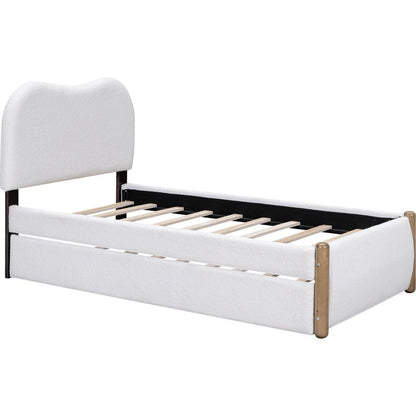 Twin Size Upholstered Platform Bed with Wood Supporting Feet and Twin Size Trundle, White