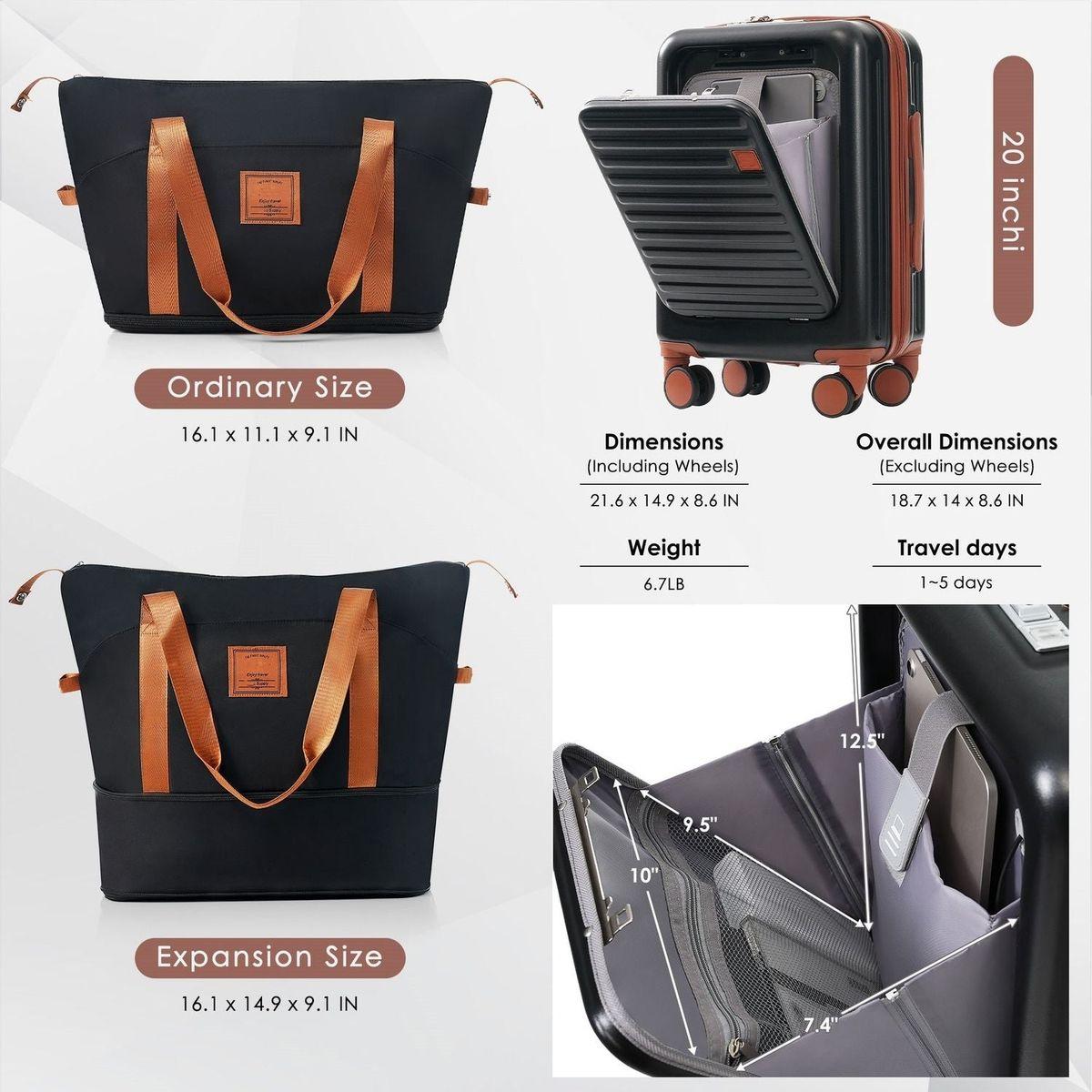 Front Opening 20-Inch Carry-On Luggage with Expandable Travel Bag Set, ABS Hard Shell Two-piece suitcase set with USB Port, Cup Holder, black and brown