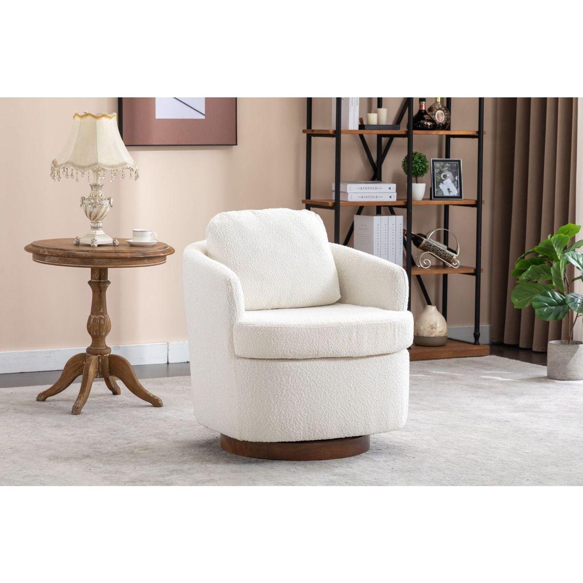 Boucle Fabric Swivel Accent Chair With Soild Wood Round Brown Base Leg,Ivory