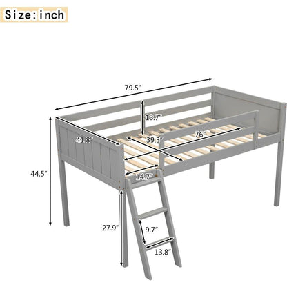 Twin Size Wood Low Loft Bed with Ladder, ladder can be placed on the left or right, Gray