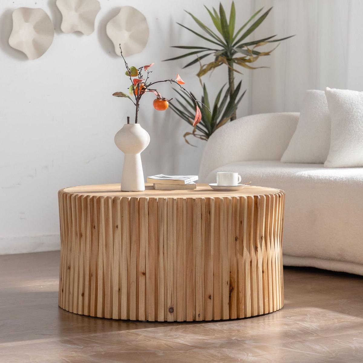 31.5" Retro Fashion Style Cylindrical Coffee Table with Vertical Texture Relief Design,Suitable for Living Room,Office,and Dining Room