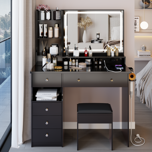 41' Large Size Left Drawer Desktop Vanity Table+Cushioned Stool Dresser Set, 2 AC+2 USB Power Station, Hair Dryer Stand, Extra Large Touch Control LED Mirror, 3-color Switch, EPA, GCC, UL Certificate
