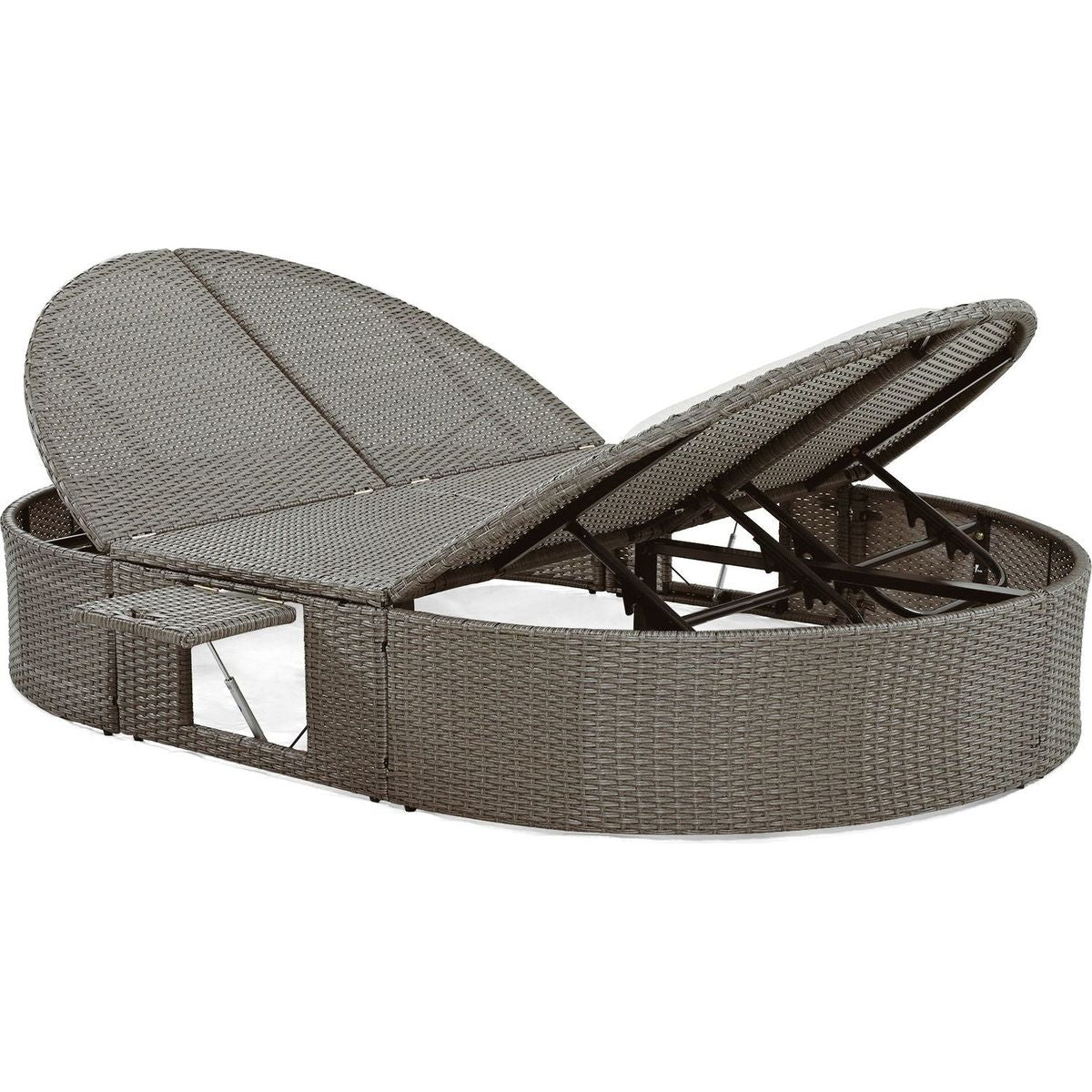 Outdoor Sun Bed Patio 2-Person Daybed with Cushions and Pillows, Rattan Garden Reclining Chaise Lounge with Adjustable Backrests and Foldable Cup Trays for Lawn,Poolside, Gray