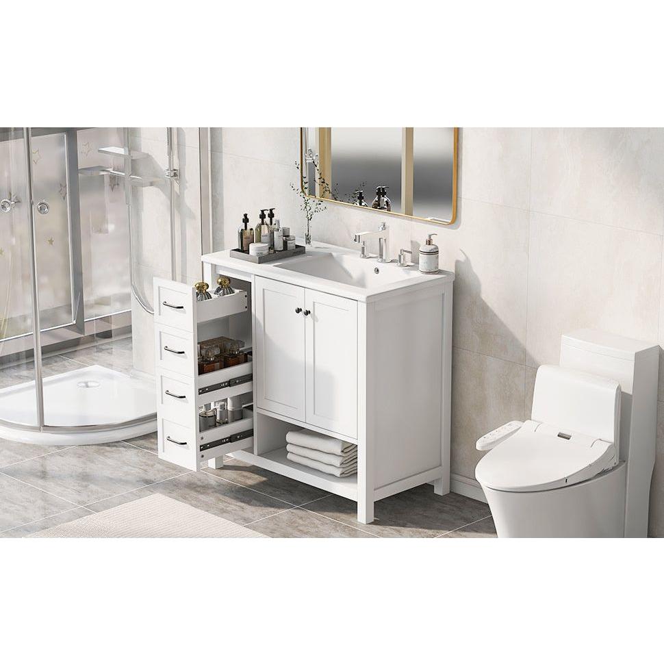 36" Bathroom Vanity with Sink Top, Bathroom Vanity Cabinet with Two Doors and Two Drawers, Solid Wood, Open shelf, MDF Boards, One Package, White