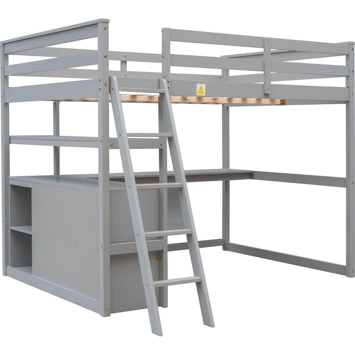 Full Size Loft Bed with Desk and Shelves,Two Built-in Drawers,Gray