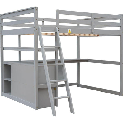 Full Size Loft Bed with Desk and Shelves,Two Built-in Drawers,Gray