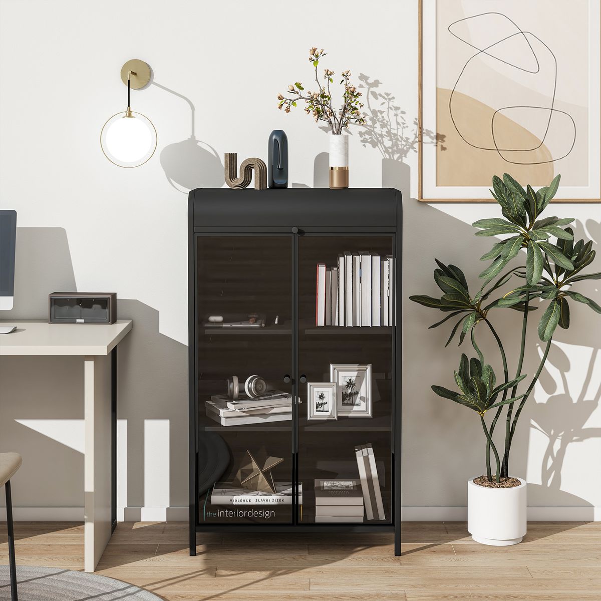 47.6' Tall Metal Storage Cabinet with Glass Doors & Flip-Top, 4-Tier Display Cabinet with Open Shelves, Freestanding Steel Sideboard Buffet for Kitchen, Living Room, Home Office, Dining Room, Bathroom