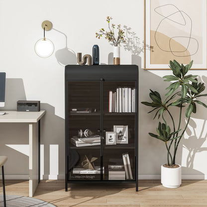 47.6' Tall Metal Storage Cabinet with Glass Doors & Flip-Top, 4-Tier Display Cabinet with Open Shelves, Freestanding Steel Sideboard Buffet for Kitchen, Living Room, Home Office, Dining Room, Bathroom