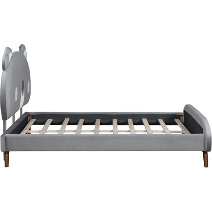 Full Size Upholstered Platform Bed with Koala-Shaped Headboard, Gray