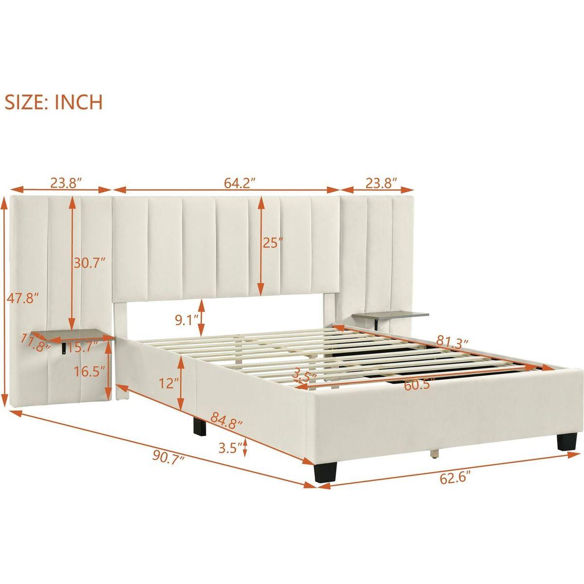 Queen Size Upholstered Platform Bed with Big Headboard, Bedroom Furniture, Velvet, Beige