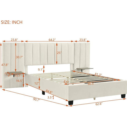Queen Size Upholstered Platform Bed with Big Headboard, Bedroom Furniture, Velvet, Beige
