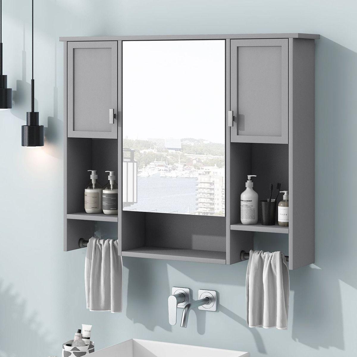 35" x 28" Modern Wall Mounted Bathroom Storage Cabinet, Bathroom Wall Cabinet with Mirror, Medicine Cabinet with Towels Bar