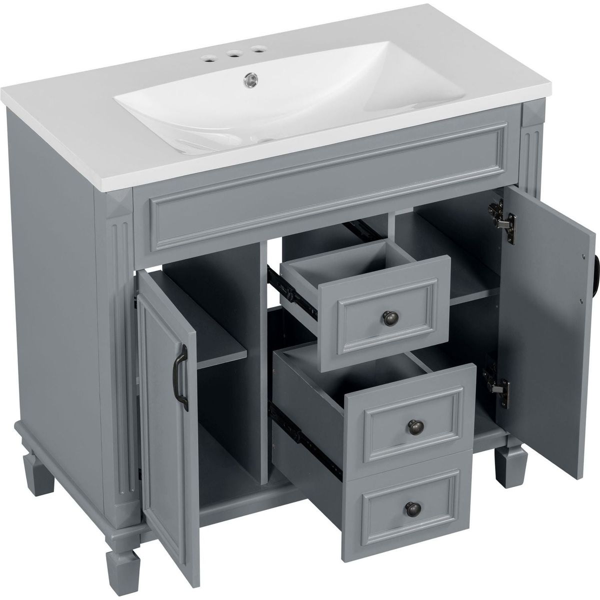 36" Bathroom Vanity with Top Sink, Grey Mirror Cabinet, Modern Bathroom Storage Cabinet with 2 Soft Closing Doors and 2 Drawers, Single Sink Bathroom Vanity