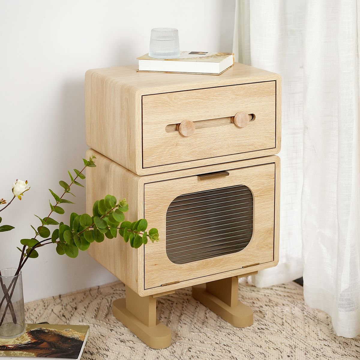 MDF CREATIVE ROTATABLE ROBOT STORAGE SIDE TABLE, NATURAL COLOR