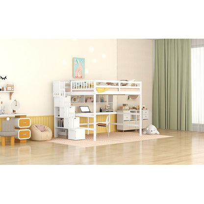 Full Size Loft Bed with Built-in Desk, Bookshelves and Storage Staircase,White