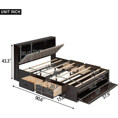 Wood Queen Size Platform Bed with Storage Headboard, shoe rack and 4 drawers,Espresso