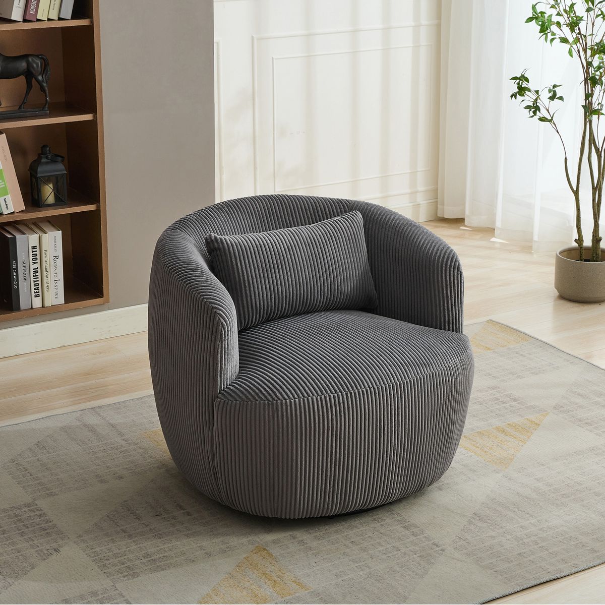 34.25 'Wide Upholstered Corduroy 360° Swivel Barrel Soft Accent Chair with Pillow, Circular Reading Armchair for Club, Living Room, Bedroom, Office, Lounge, Charcoal.