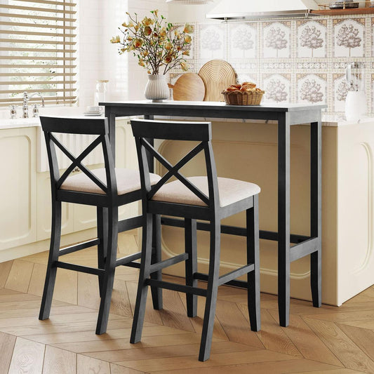 Farmhouse 48"Rectangular Wood Bar Height Dining Set Kitchen Breakfast Nook with 2 Chairs for Small Places,Gray