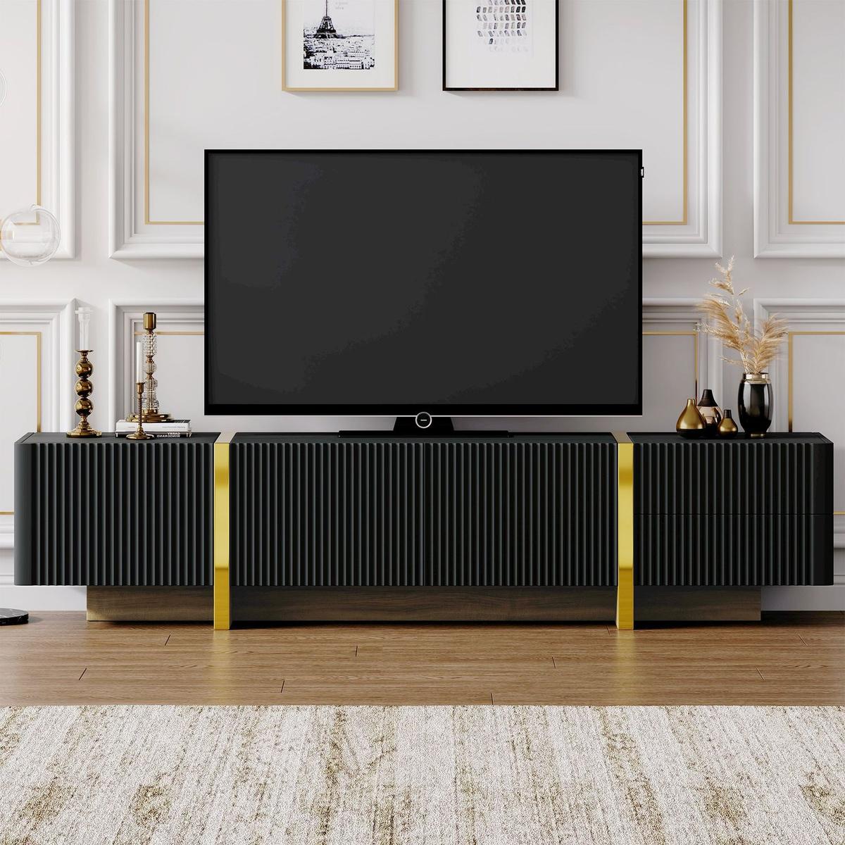 Luxury Fluted TV Stand for TVs Up to 80", Modern Entertainment Center with Storage Cabinets & Drawers, Smooth Media Console with Golden Wood Grain Legs for Living Room, Black