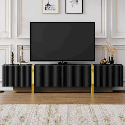 Luxury Fluted TV Stand for TVs Up to 80", Modern Entertainment Center with Storage Cabinets & Drawers, Smooth Media Console with Golden Wood Grain Legs for Living Room, Black