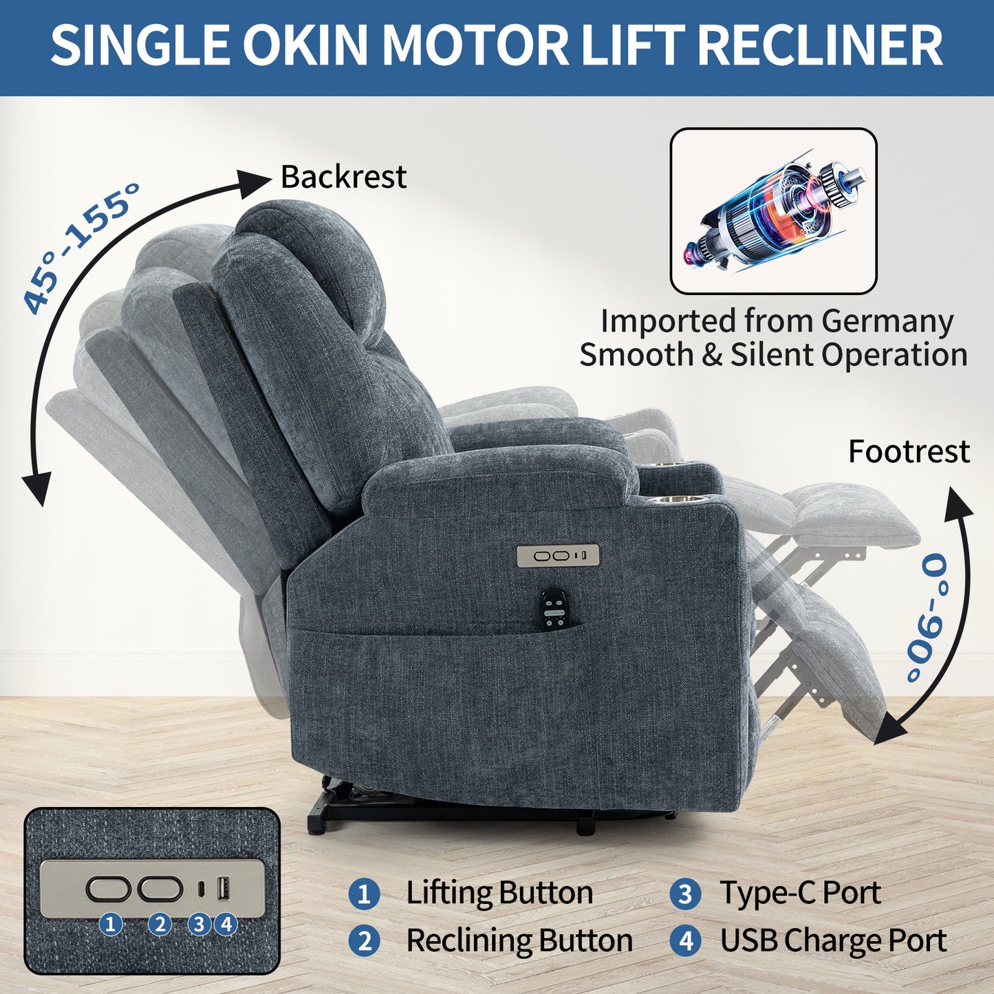 Okin motor Up to 350 LBS Chenille Power Lift Recliner Chair, Heavy Duty Motion Mechanism with 8-Point Vibration Massage and Lumbar Heating, USB and Type-C Ports, Stainless Steel Cup Holders, Blue