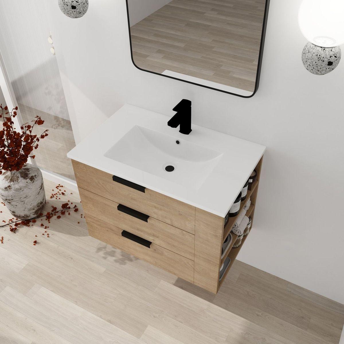 30 Inch Wall Mounting Bathroomg Vanity With Sink, Soft Close Drawer and Side Shelf-GGRB3020MOWH