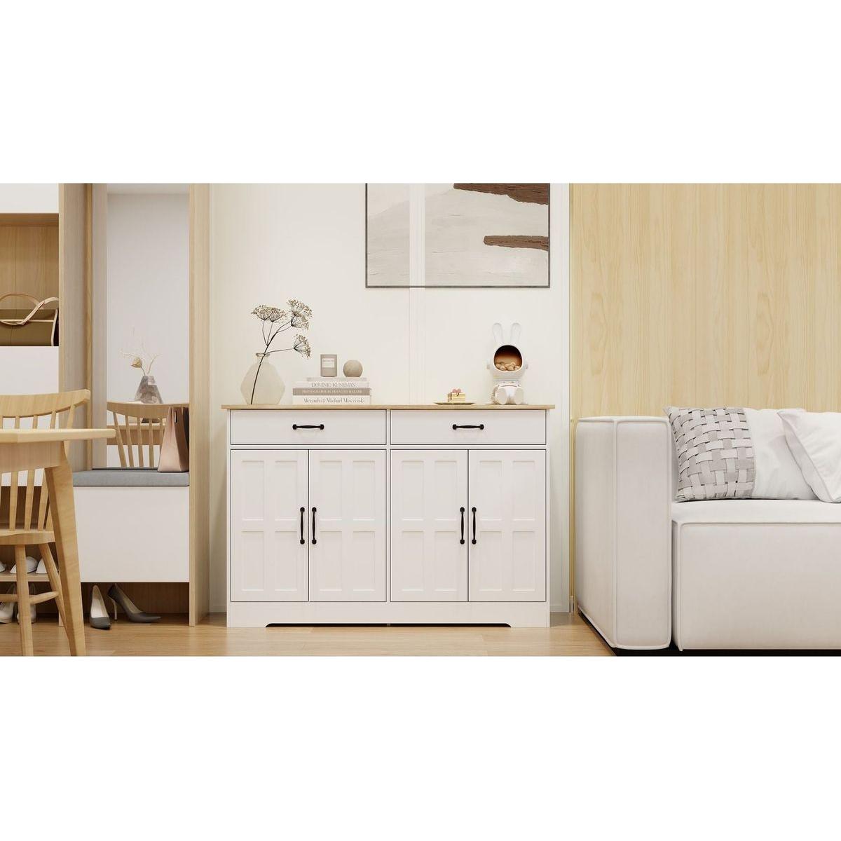 47.95" Farmhouse Buffet Cabinet Storage Sideboard with 2 Drawers and 4 Doors for Dining Living Room Kitchen Cupboard-White