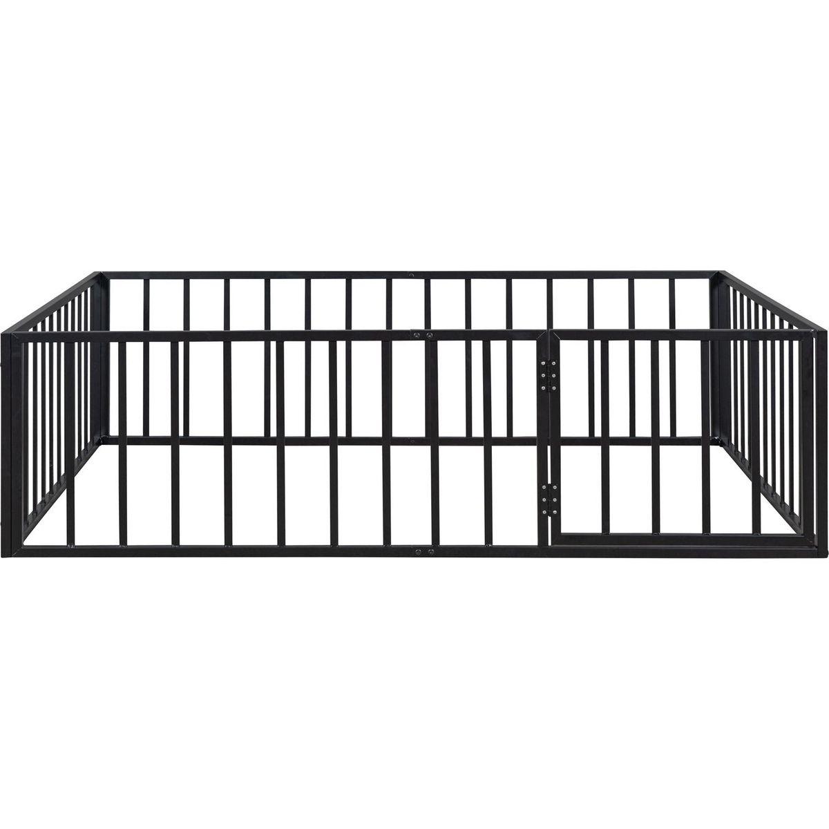 Full Size Metal Floor Bed Frame with Fence and Door, Black