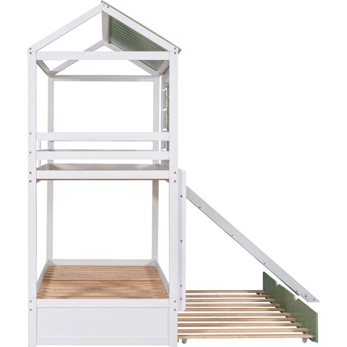 Twin over Twin Size House Bunk Bed with Convertible Slide and Trundle, White+Green