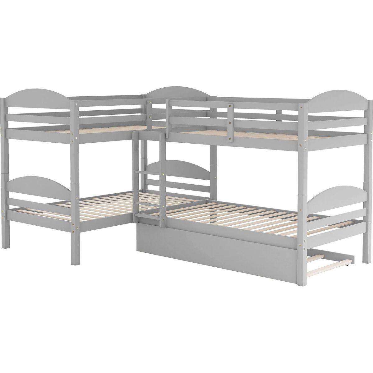 Twin L-Shaped Bunk bed with Trundle-Gray{O