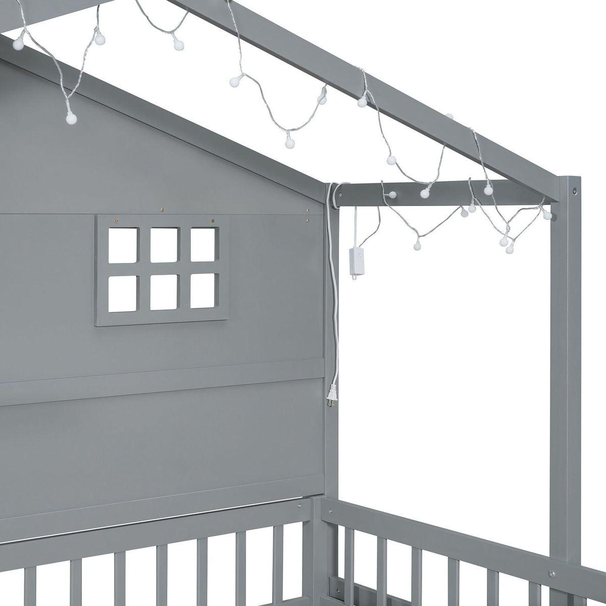 Twin Size House Bed with Shelves, House Bed with Window and Sparkling Light Strip on the Roof, Gray