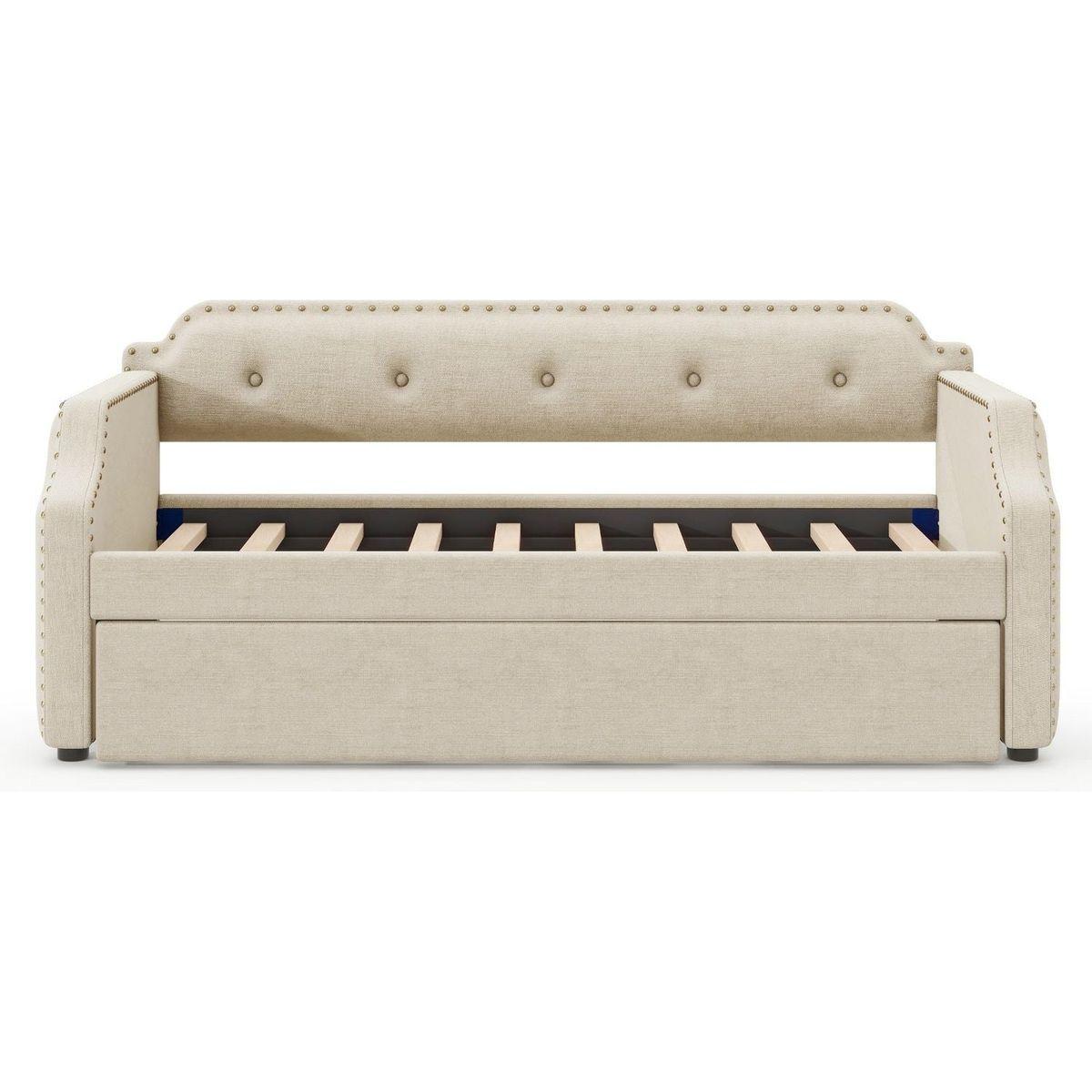 Upholstered Daybed with Trundle, Wood Slat Support,Upholstered Frame Sofa Bed, Twin, Beige