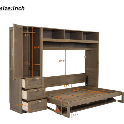 Full Size Murphy Bed with Wardrobe, Drawers and Open Shelves, Antique Grey