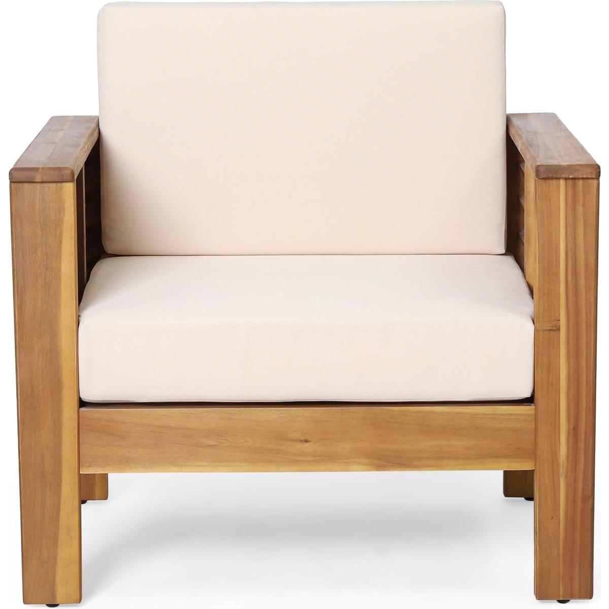 (Set of 2) Outdoor Acacia Wood Club Chairs with Cushions, Teak+Beige, 27.75"D x 32"W x 27.75"H