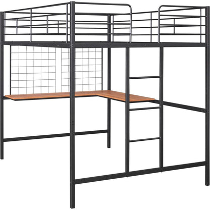 Full Metal Loft Bed with Desk and Metal Grid, Black