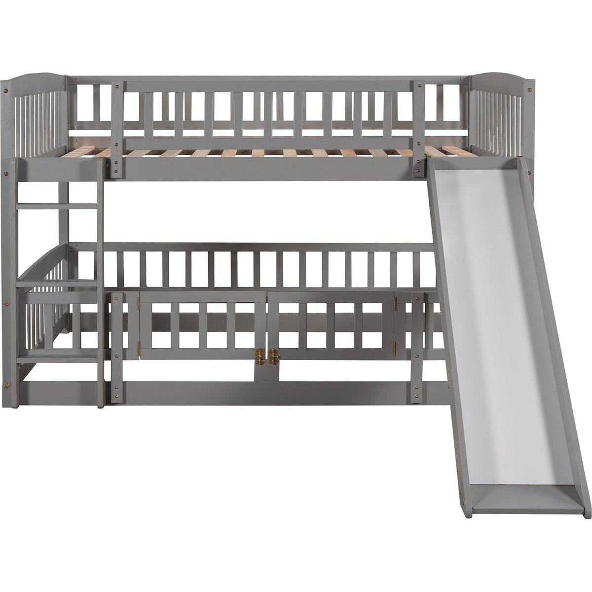 Bunk Bed with Slide,Full Over Full Low Bunk Bed with Fence and Ladder for Toddler Kids Teens Gray