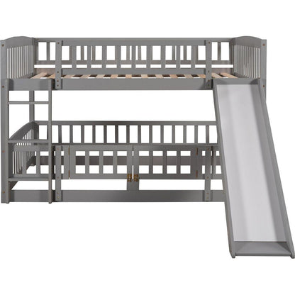 Bunk Bed with Slide,Full Over Full Low Bunk Bed with Fence and Ladder for Toddler Kids Teens Gray